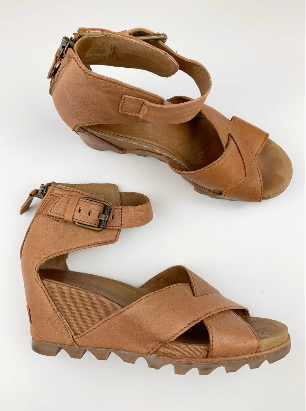 Sorel Joanie II Ankle Strap Wedge Heel Sandals Gladiator Tan Leather Women's 10
